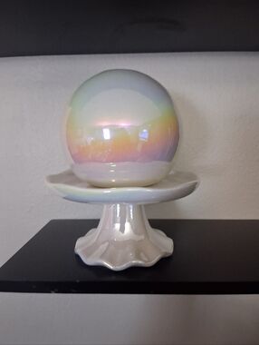 Iridescent Pearl Globe on White Ceramic Pedestal